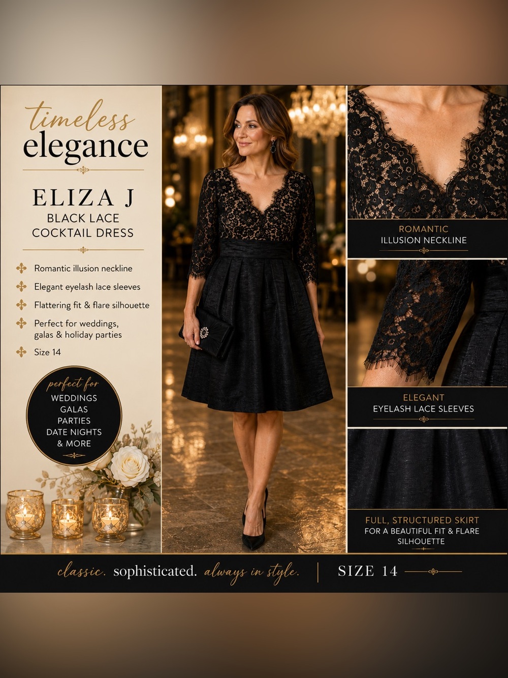 Eliza J Black Lace Fit & Flare Cocktail Dress Size 14
